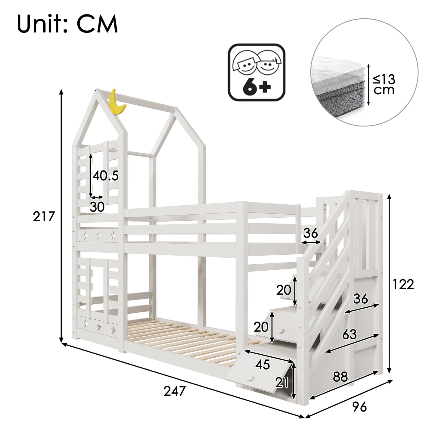 White HOMCOM bunk bed with storage, children’s cabin style twin bed with window, solid pine wood frame, 190x90 cm, 3ft size