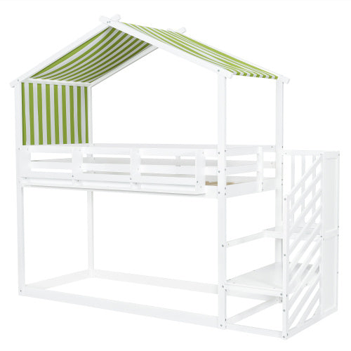 Kids Bunk Bed with Corner Staircase and Canopy – White & Green