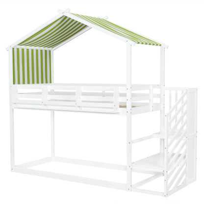 Kids Bunk Bed with Corner Staircase and Canopy – White & Green