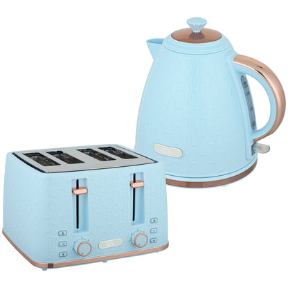 Light blue HOMCOM kettle and 4-slice toaster set with 7 browning controls, 1.7L capacity, 3000W fast boil, modern kitchen appliances