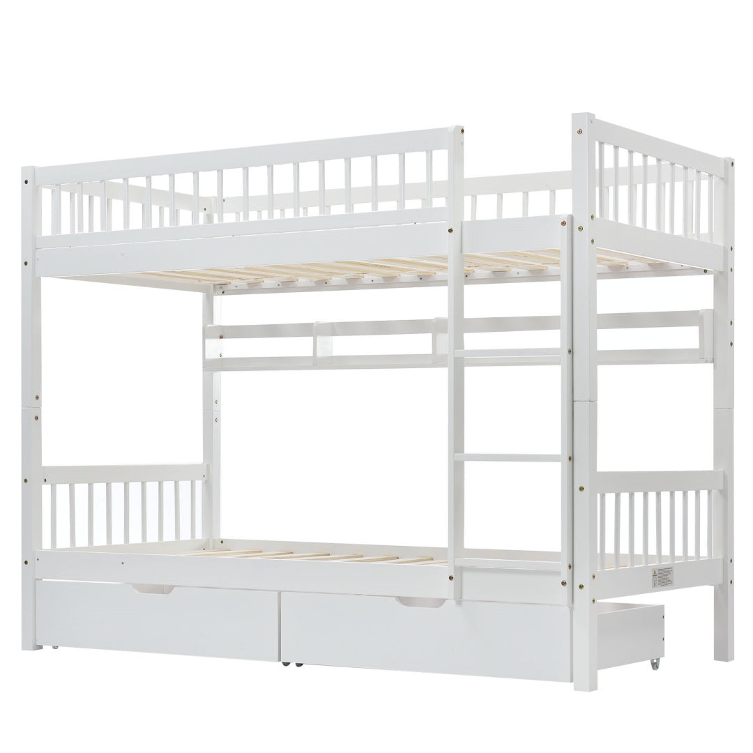 White HOMCOM bunk bed for kids with a 3ft solid pine wood frame, under-bed slide drawer, and built-in shelf, 90x190cm.