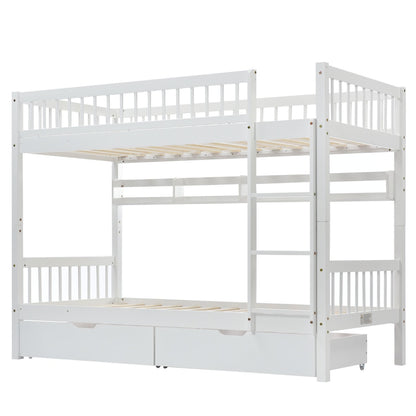 White HOMCOM bunk bed for kids with a 3ft solid pine wood frame, under-bed slide drawer, and built-in shelf, 90x190cm.