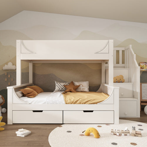 Kids Bunk Bed with Staircase Drawers & Storage – Solid Wood White Frame