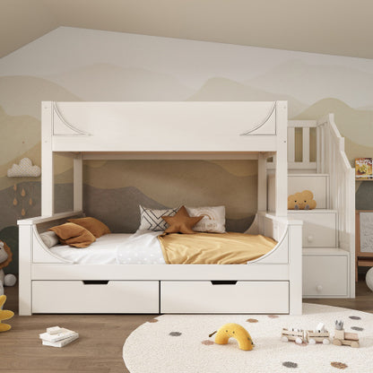 Kids Bunk Bed with Staircase Drawers & Storage – Solid Wood White Frame