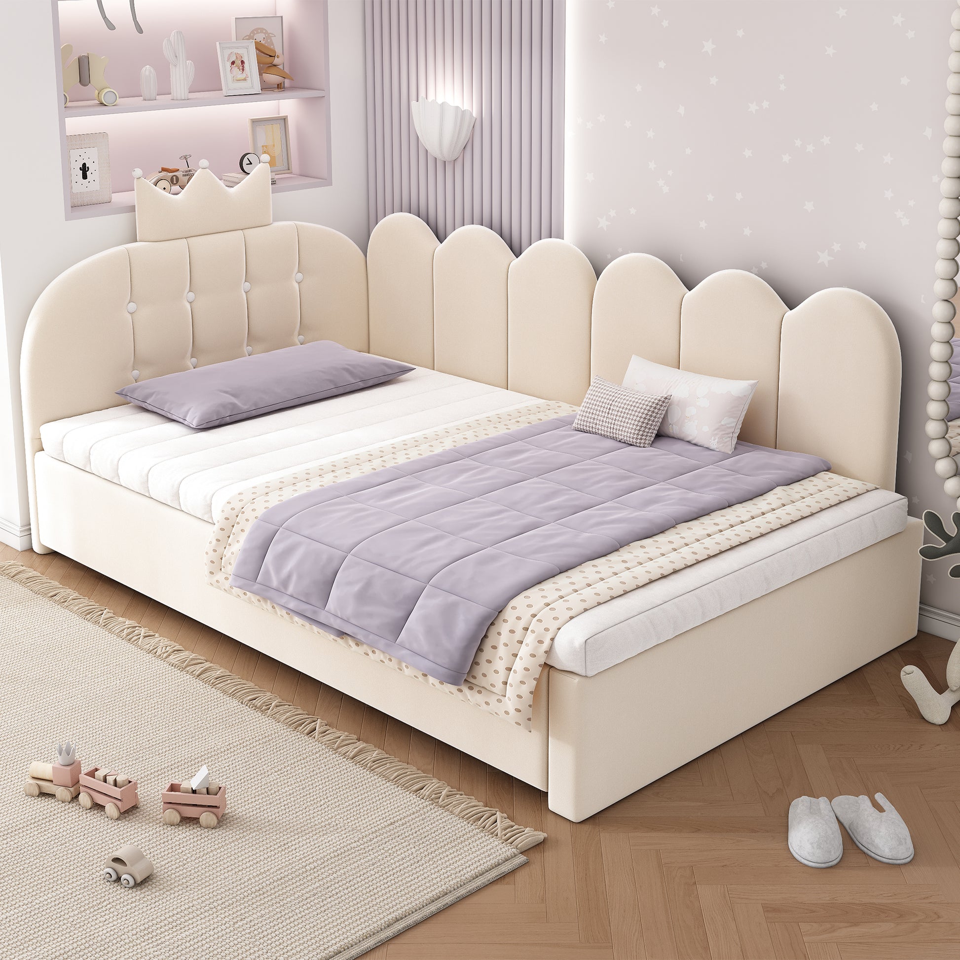 Beige velvet HOMCOM upholstered daybed with crown-shaped trundle, pull-out bed, metal slatted frame, 3ft single sofa bed.