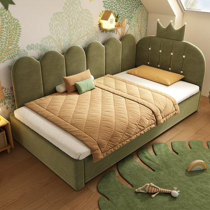 Green velvet upholstered daybed with crown-shaped trundle and metal slatted frame, ideal as a guest sofa bed for adults and children.