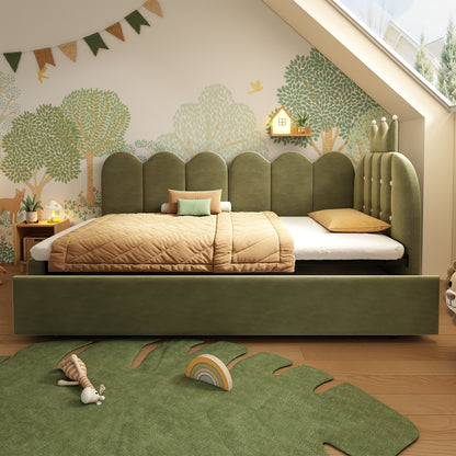 Green velvet upholstered daybed with crown-shaped trundle, metal slatted frame, and pull-out bed, ideal for guests or children.