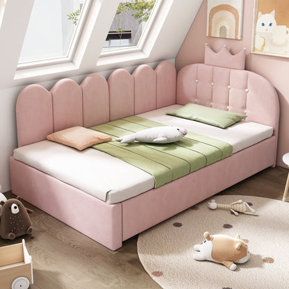 HOMCOM upholstered pink velvet daybed with crown-shaped trundle, pull-out bed, metal slatted frame, 3ft single sofa bed without mattress