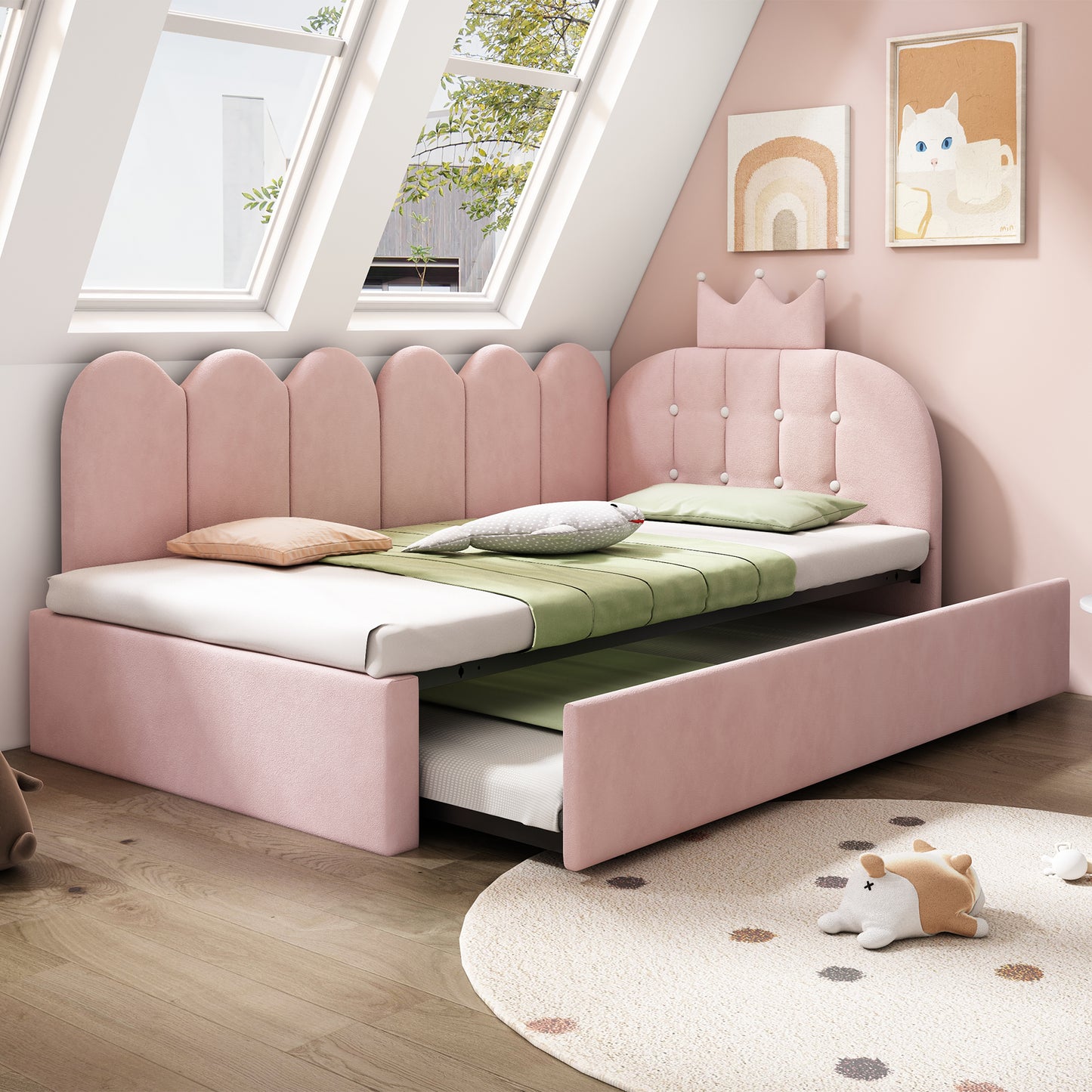 Pink HOMCOM upholstered daybed with crown-shaped trundle, metal slatted frame, velvet fabric, and pull-out bed for guests or kids.