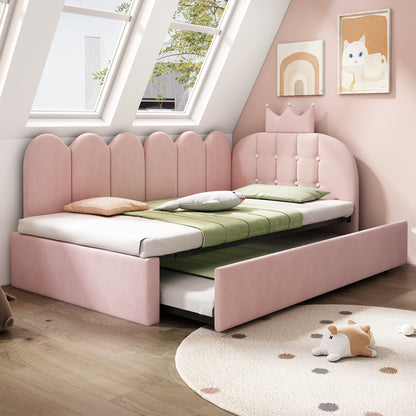 Pink HOMCOM upholstered daybed with crown-shaped trundle, metal slatted frame, velvet fabric, and pull-out bed for guests or kids.