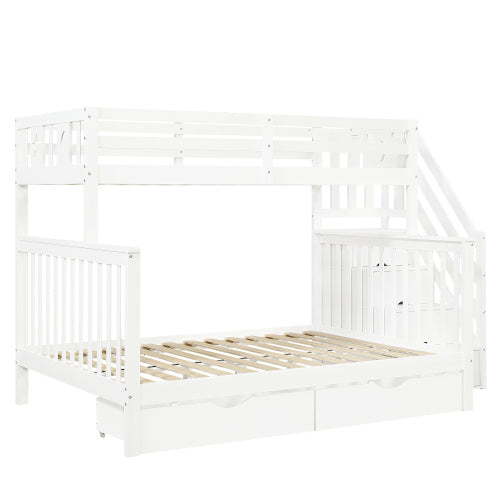 Kids Bunk Bed with Storage Stairs & Guardrail – White High Sleeper Frame