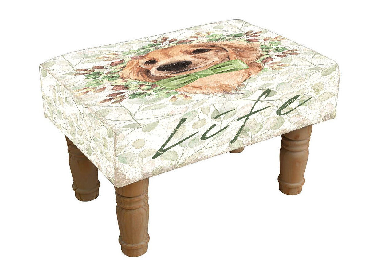 MSL dog footstool with soft fabric cover and sturdy wooden legs, designed for comfortable pet lounging.