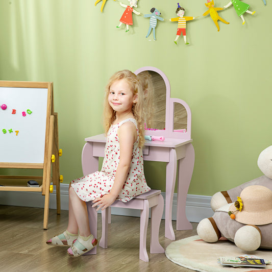 Pink kids dressing table set by HOMCOM featuring a mirror, drawer, and child-friendly design in a playful setup.