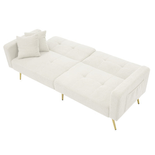 Sofa Bed with Adjustable Backrest – Gold Legs, Cushions & Side Storage