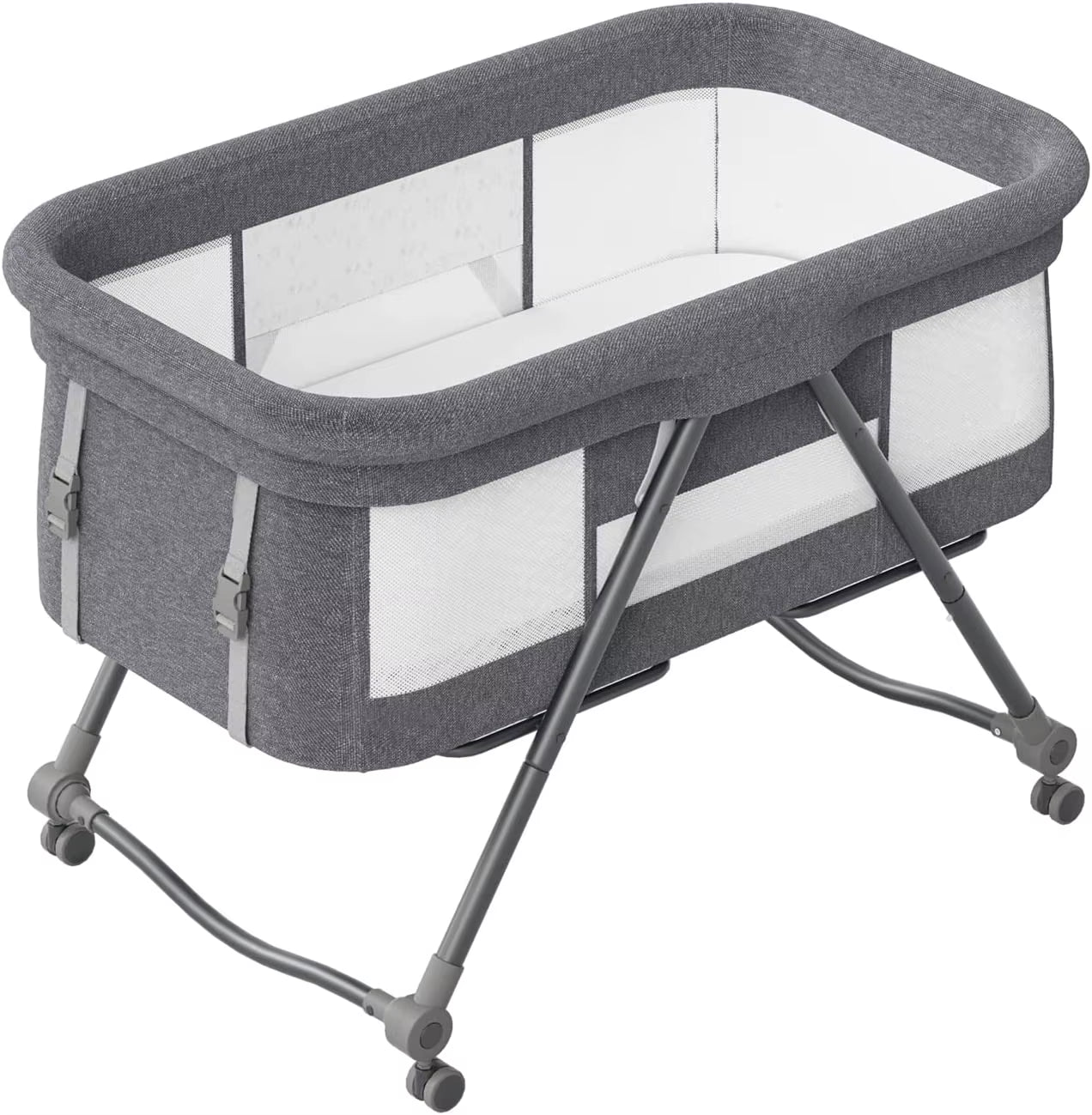 Livoshop Baby travel cot with mattress, silent wheels, and convertible rocking crib feature, suitable for on-the-go naps.
