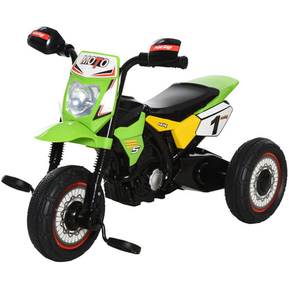 Green HOMCOM kids trike with music, lights, handlebar stickers, and pedals, designed for toddlers ages 18-36 months.