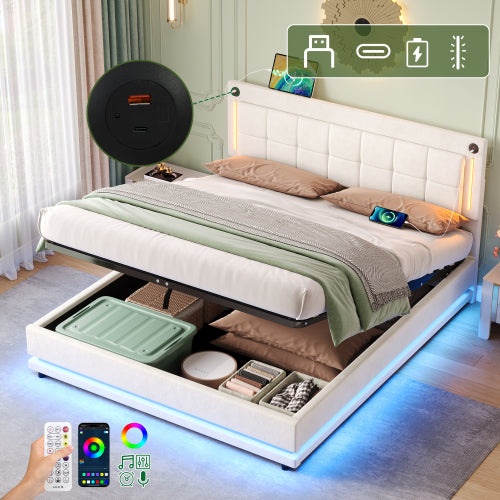 Beige 4ft6 double LED hydraulic bed with tufted headboard, charging station, USB and Type-C ports, soft velvet frame by HOMCOM
