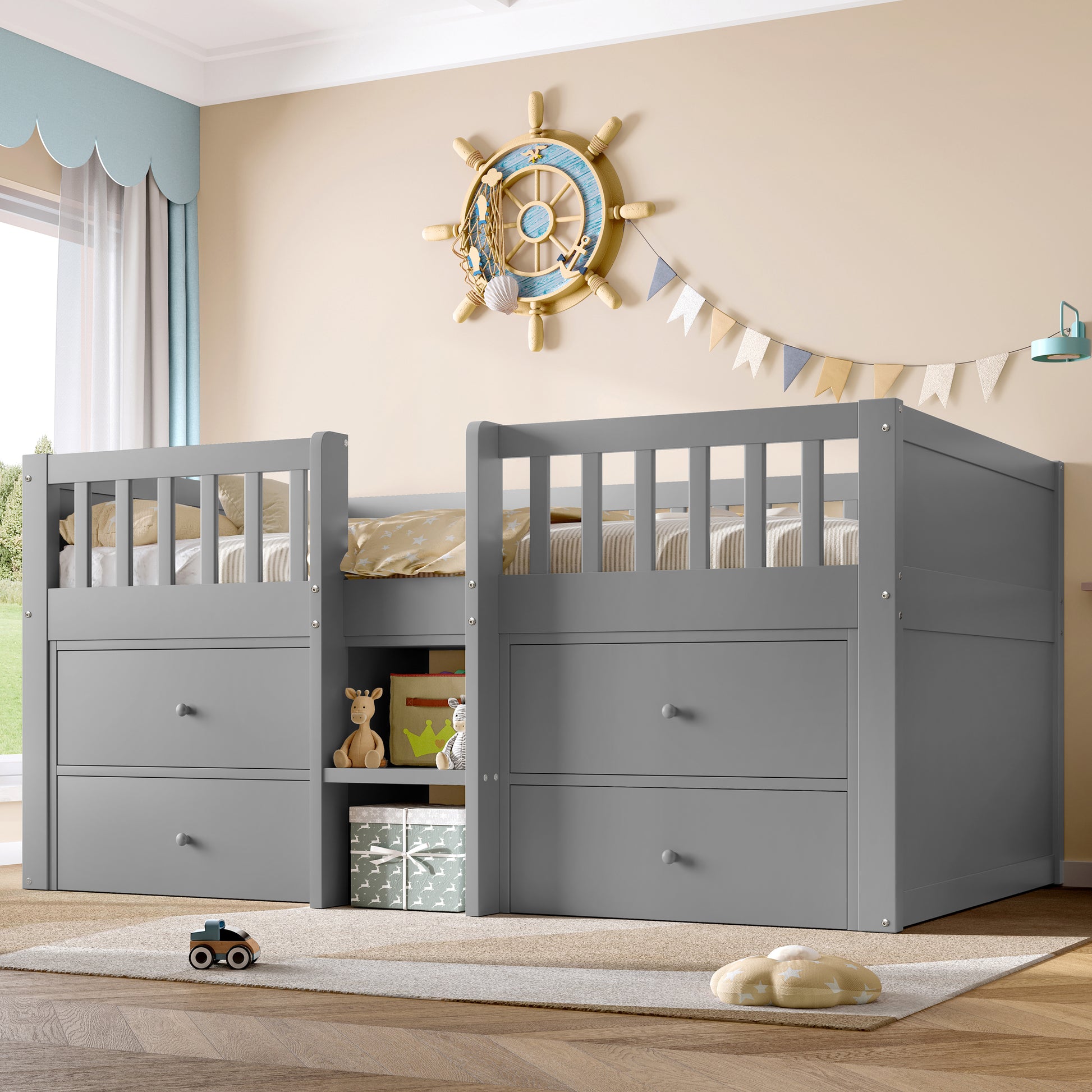 Grey low loft bed with built-in storage drawers, guardrail, solid wood frame, space-saving design, suitable for children’s bedrooms.