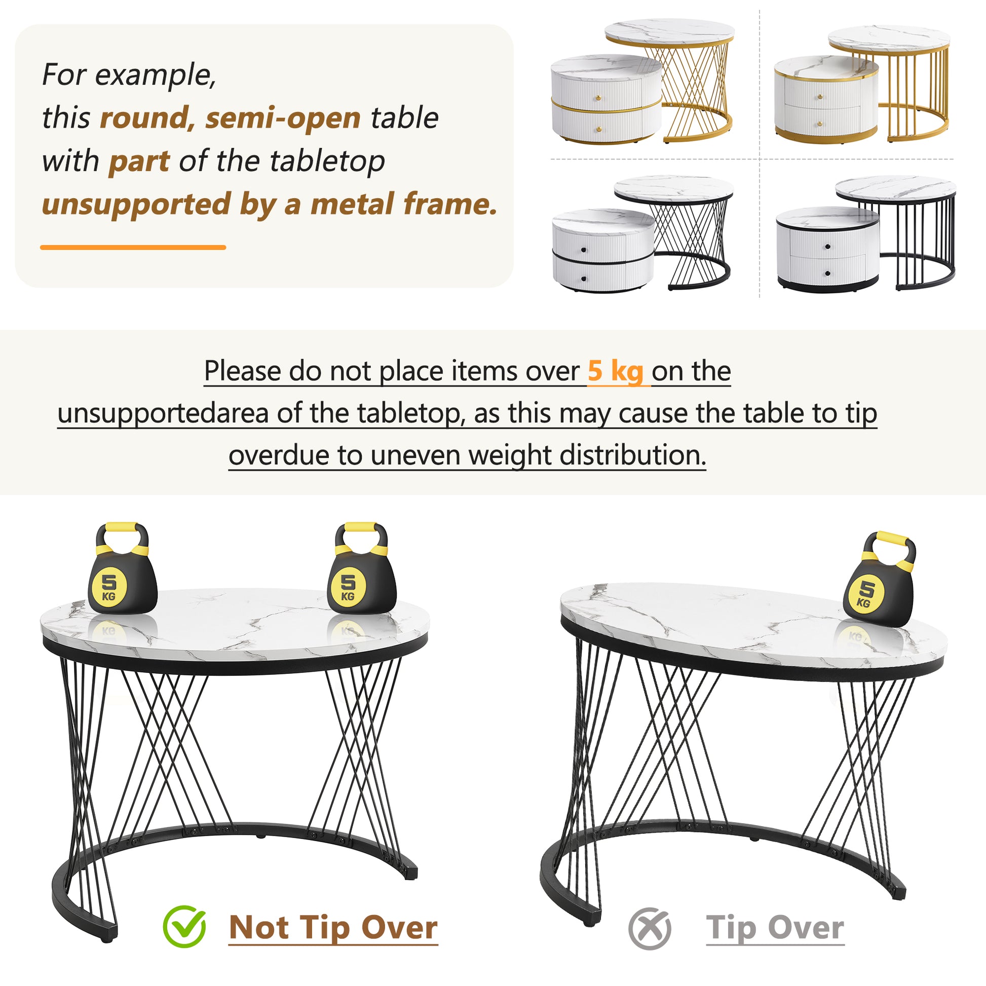 Pair of HOMCOM high gloss white and gold nesting coffee tables with marble tops and storage drawers for living room decor.