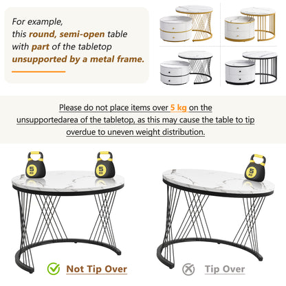 Pair of HOMCOM high gloss white and gold nesting coffee tables with marble tops and storage drawers for living room decor.