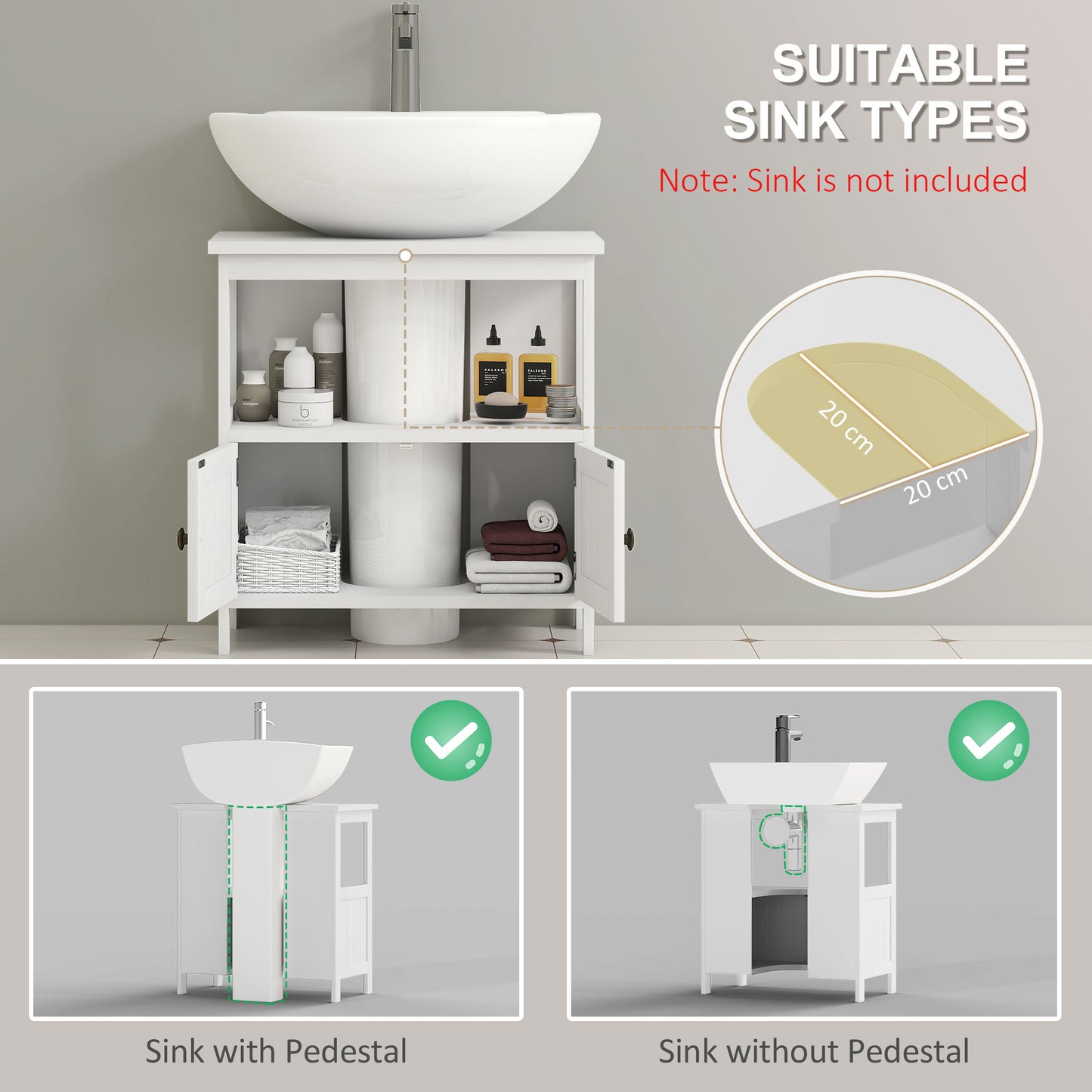 White HOMCOM Kleankin pedestal under sink cabinet with double doors and shelves, modern bathroom vanity storage unit.
