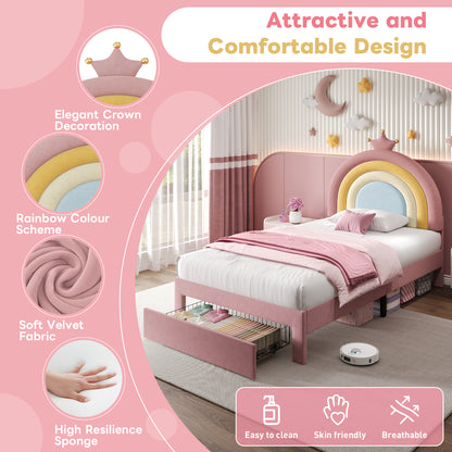 HOMCOM 3ft single upholstered bed with colorful rainbow crown headboard, soft velvet frame, storage drawer, easy to assemble, no box spring