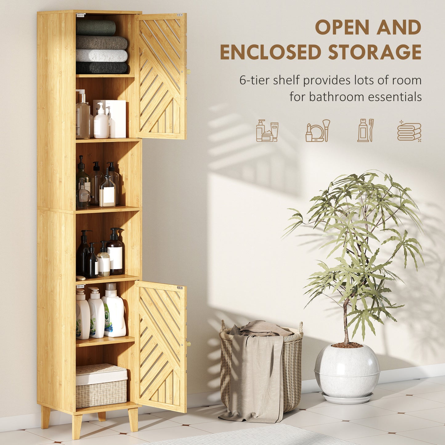 HOMCOM multi-storage bamboo bathroom cabinet with natural finish, featuring five compartments and door for organized bathroom storage.