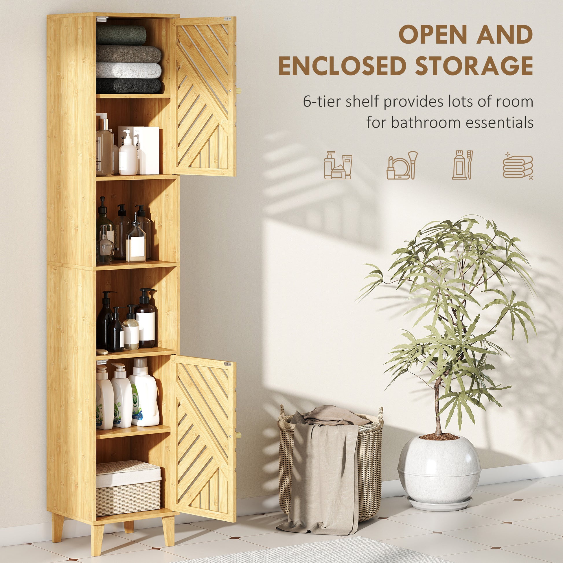 HOMCOM multi-storage bamboo bathroom cabinet with natural finish, featuring five compartments and door for organized bathroom storage.