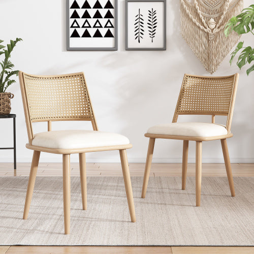 Set of 2 Retro Bamboo Kitchen Chairs with PU Seat & Rattan Backrest – Beige