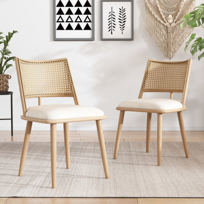 Set of 2 Retro Bamboo Kitchen Chairs with PU Seat & Rattan Backrest – Beige