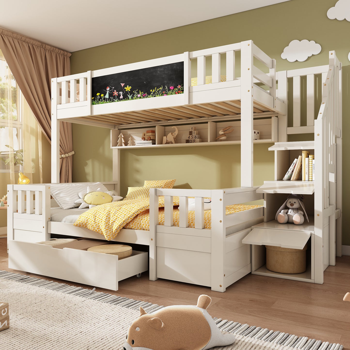White solid wood bunk bed for kids with staircase, drawers, chalkboard, and storage space, suitable for children and families.