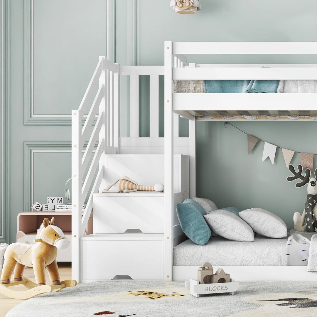 White solid pine bunk bed with stairs and slide for children, includes storage stairs, measures 90x190cm, by HOMCOM.