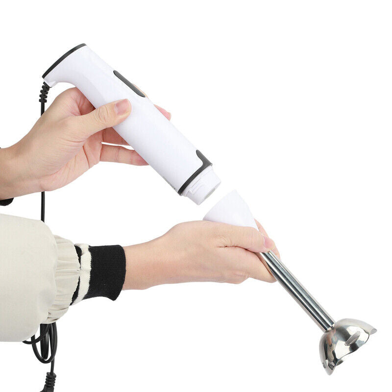 Livoshop 400W electric hand blender with stainless steel blade, UK plug, showing the sleek stick blender in a kitchen setting