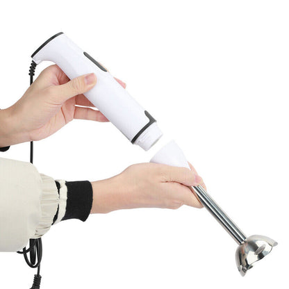 Livoshop 400W electric hand blender with stainless steel blade, UK plug, showing the sleek stick blender in a kitchen setting