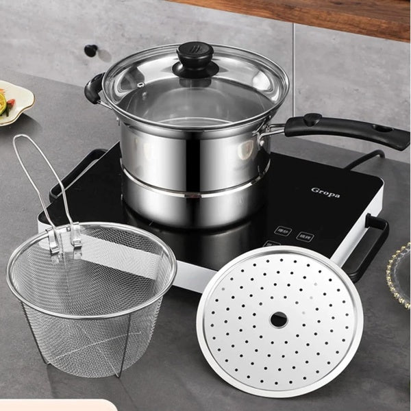 HOMCOM 4-piece non-stick chip pan set with deep fryer, frying basket, lid, and noodle soup pot for versatile cooking.