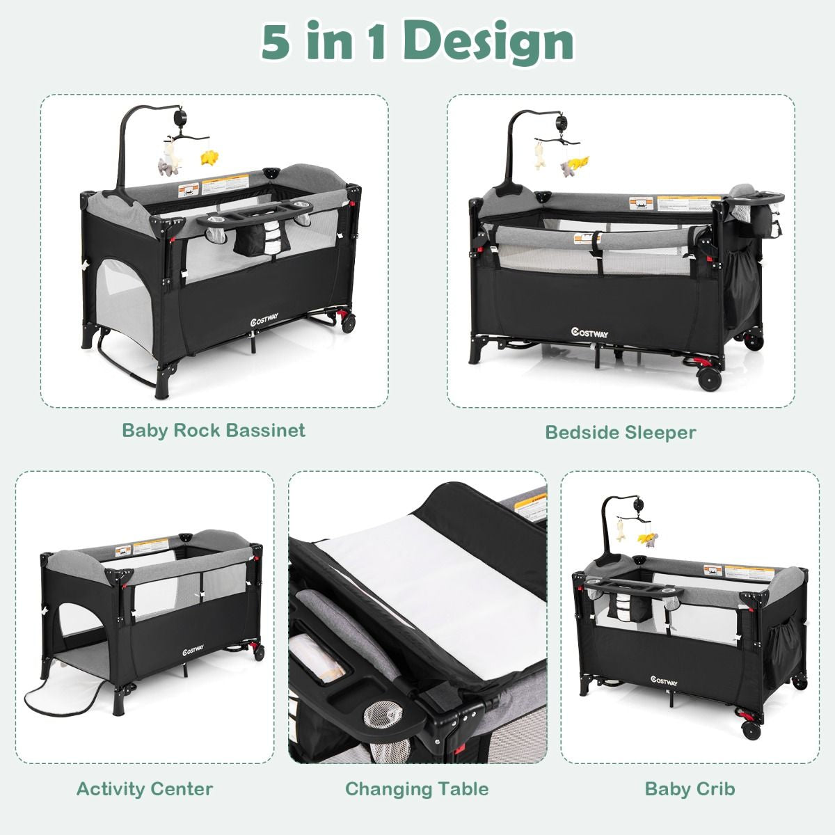 Livoshop 5-in-1 baby bassinet bedside sleeper with diaper changer and hanging toys, soft fabric and sturdy frame.