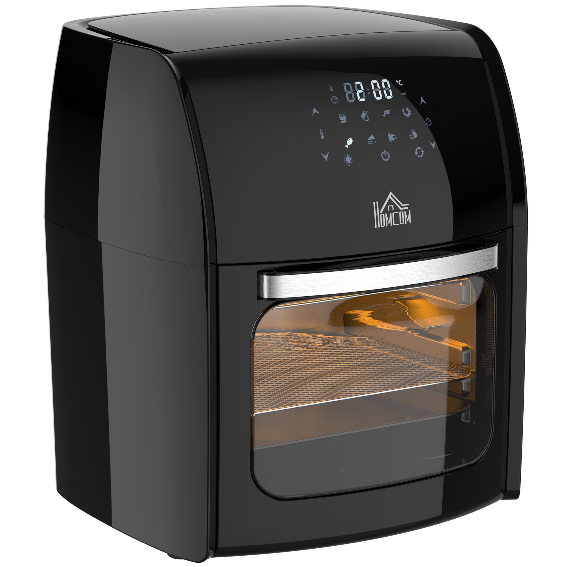 HOMCOM 12L 8-in-1 digital air fryer oven in black with control panel, interior light, and accessories for roasting, baking, and dehydrating.