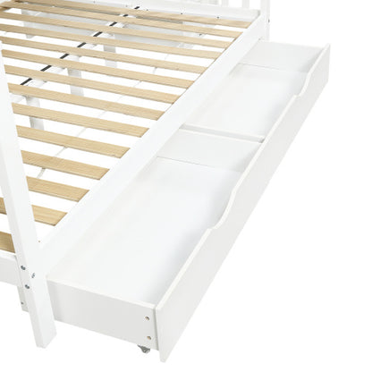 Kids Bunk Bed with Storage Stairs & Guardrail – White High Sleeper Frame