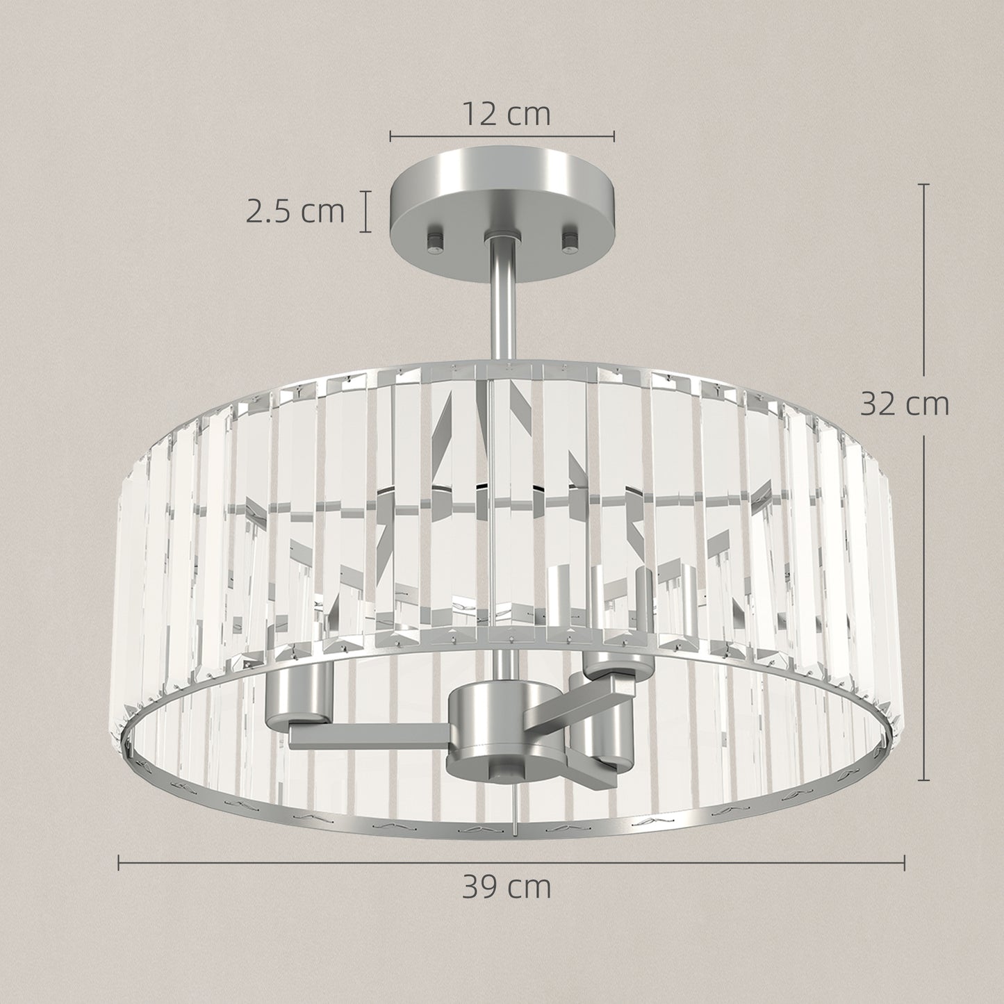 Modern HOMCOM crystal ceiling light fixture with silver tone, semi-flush mount design, featuring three E14 bulb sockets for living or dining rooms.