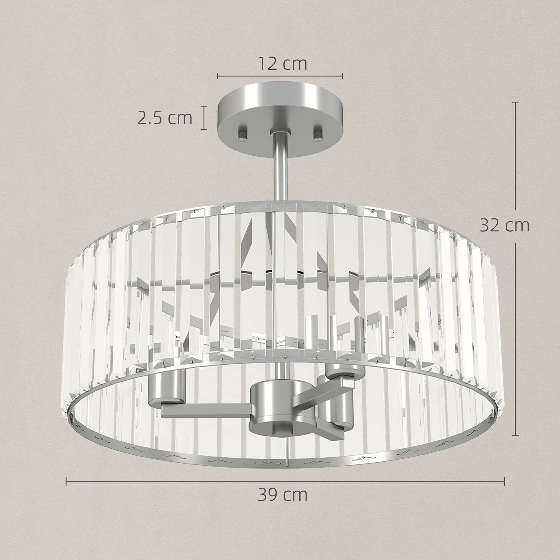Modern HOMCOM crystal ceiling light fixture with silver tone, semi-flush mount design, featuring three E14 bulb sockets for living or dining rooms.