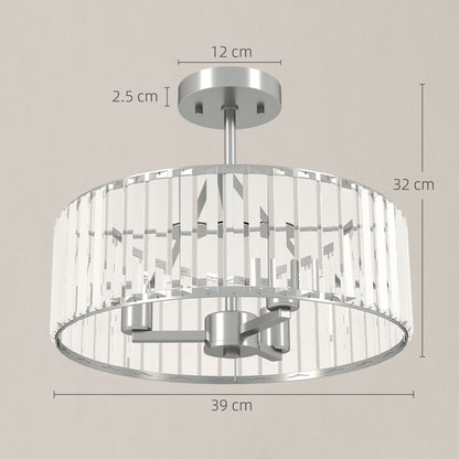 Modern HOMCOM crystal ceiling light fixture with silver tone, semi-flush mount design, featuring three E14 bulb sockets for living or dining rooms.