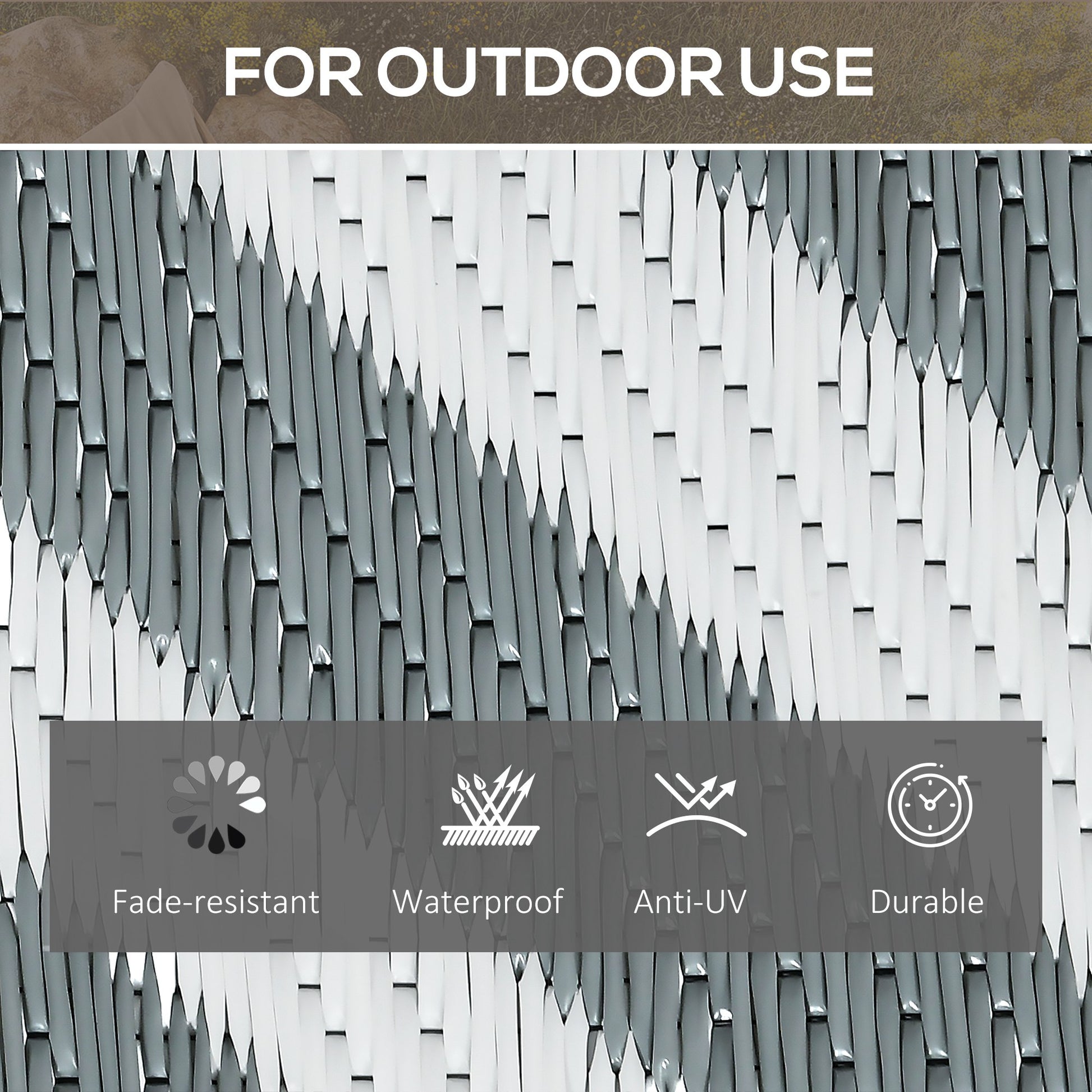 Reversible outdoor rug 152x243cm with plastic straw design, suitable for garden and camping use. Portable and durable.