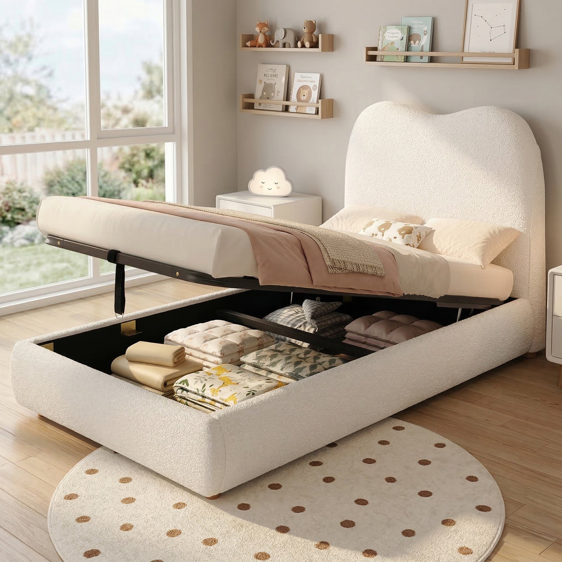 Beige upholstered children's single bed with headboard, hydraulic storage, and large under-bed space, featuring a cozy boucle fabric.