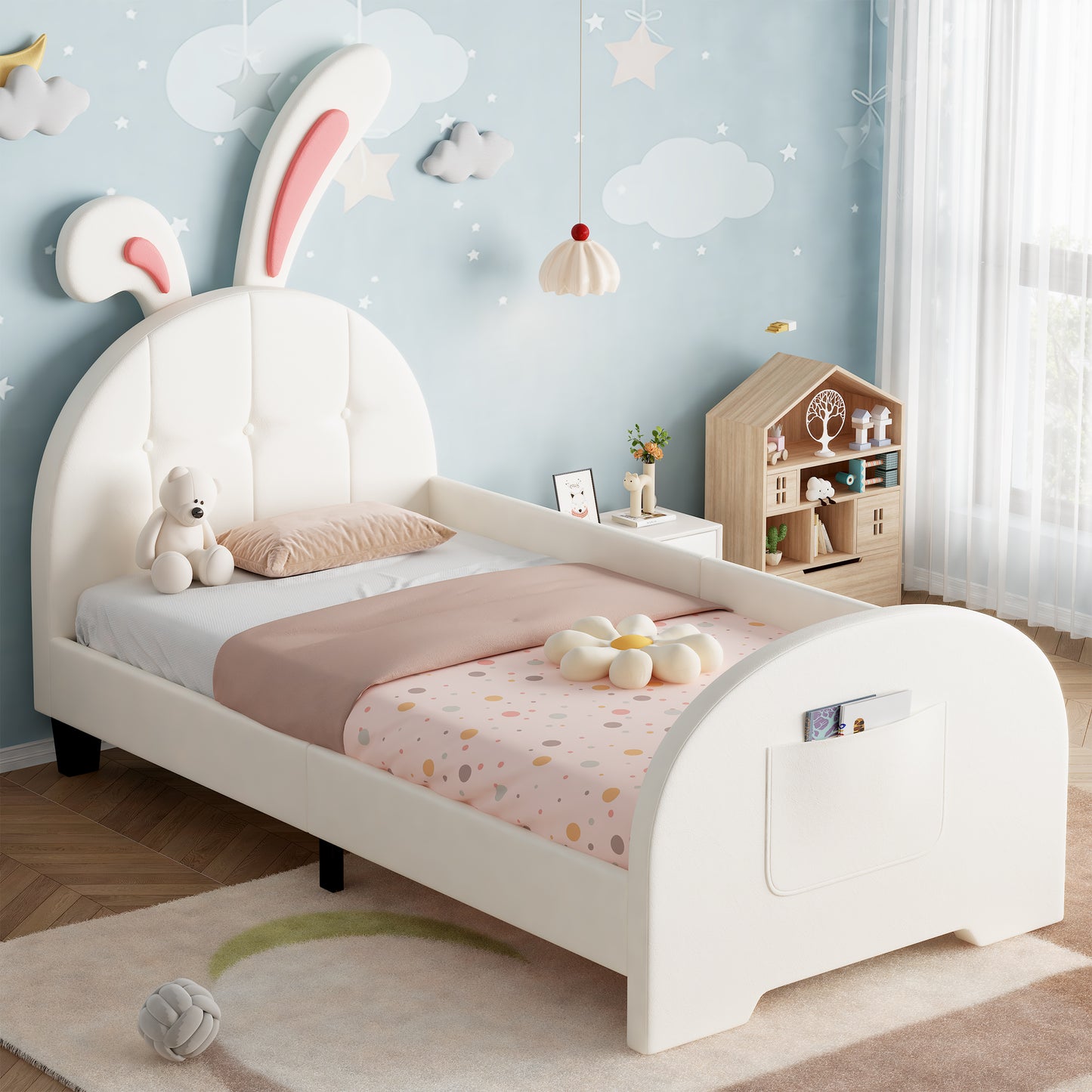 Cream white 3ft HOMCOM rabbit-shaped upholstered bed frame with bunny ear headboard, footboard storage, soft PU leather, sturdy metal-wood frame