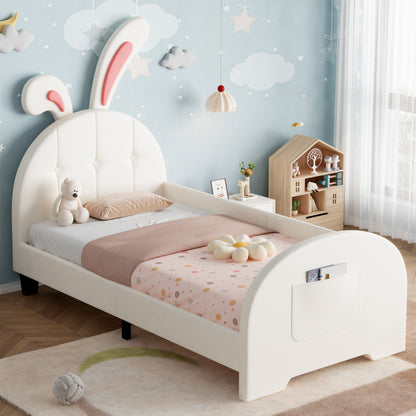 Cream white 3ft HOMCOM rabbit-shaped upholstered bed frame with bunny ear headboard, footboard storage, soft PU leather, sturdy metal-wood frame
