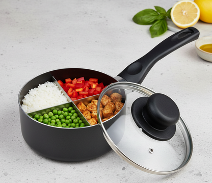 Avilo 4-way divided saucepan with vented lid, carbon steel, 20cm, 4.9L capacity, featuring removable food divider in the image.