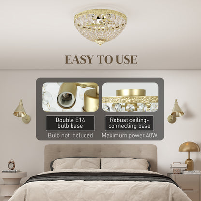 HOMCOM crystal chandelier ceiling light with 168 octagonal beads, gold-tone finish, 2-light flush mount for living room or bedroom.