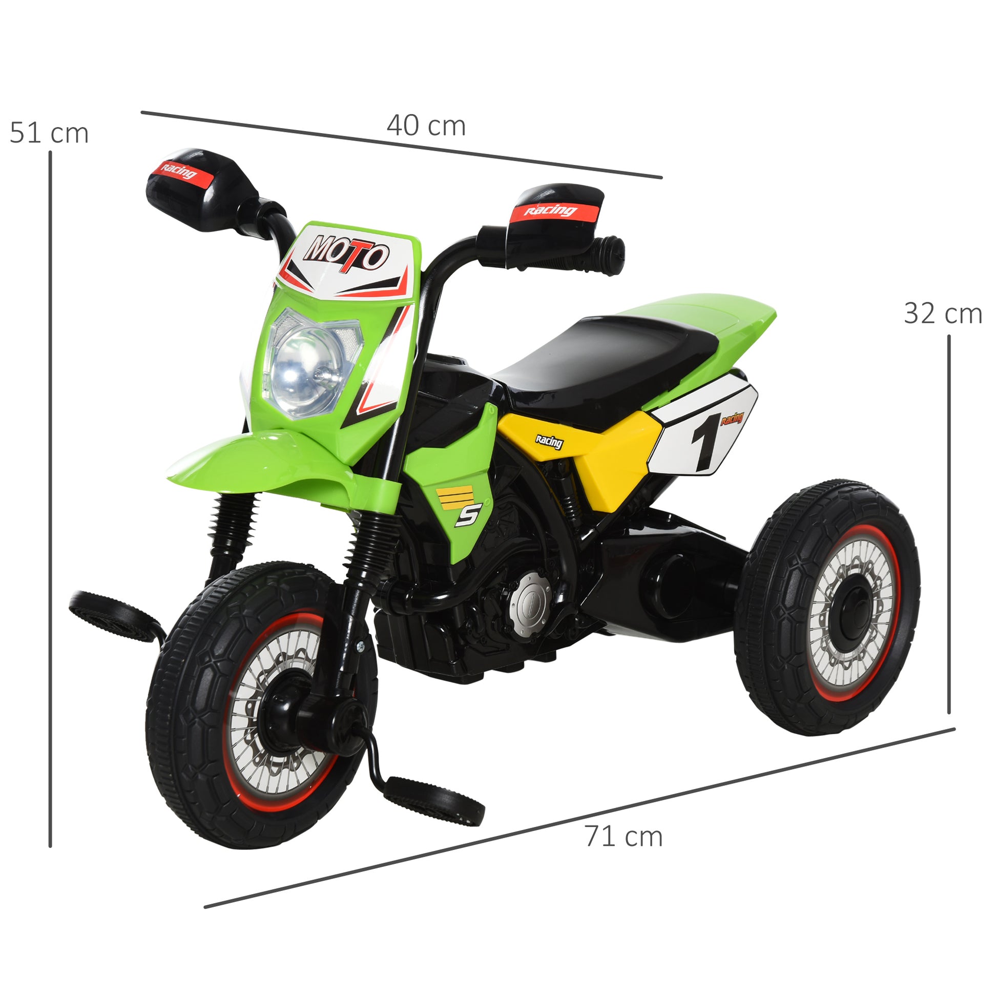 Green HOMCOM kids trike with music, lights, handlebar stickers, and pedal motorcycle for toddlers 18-36 months, suitable for boys and girls.