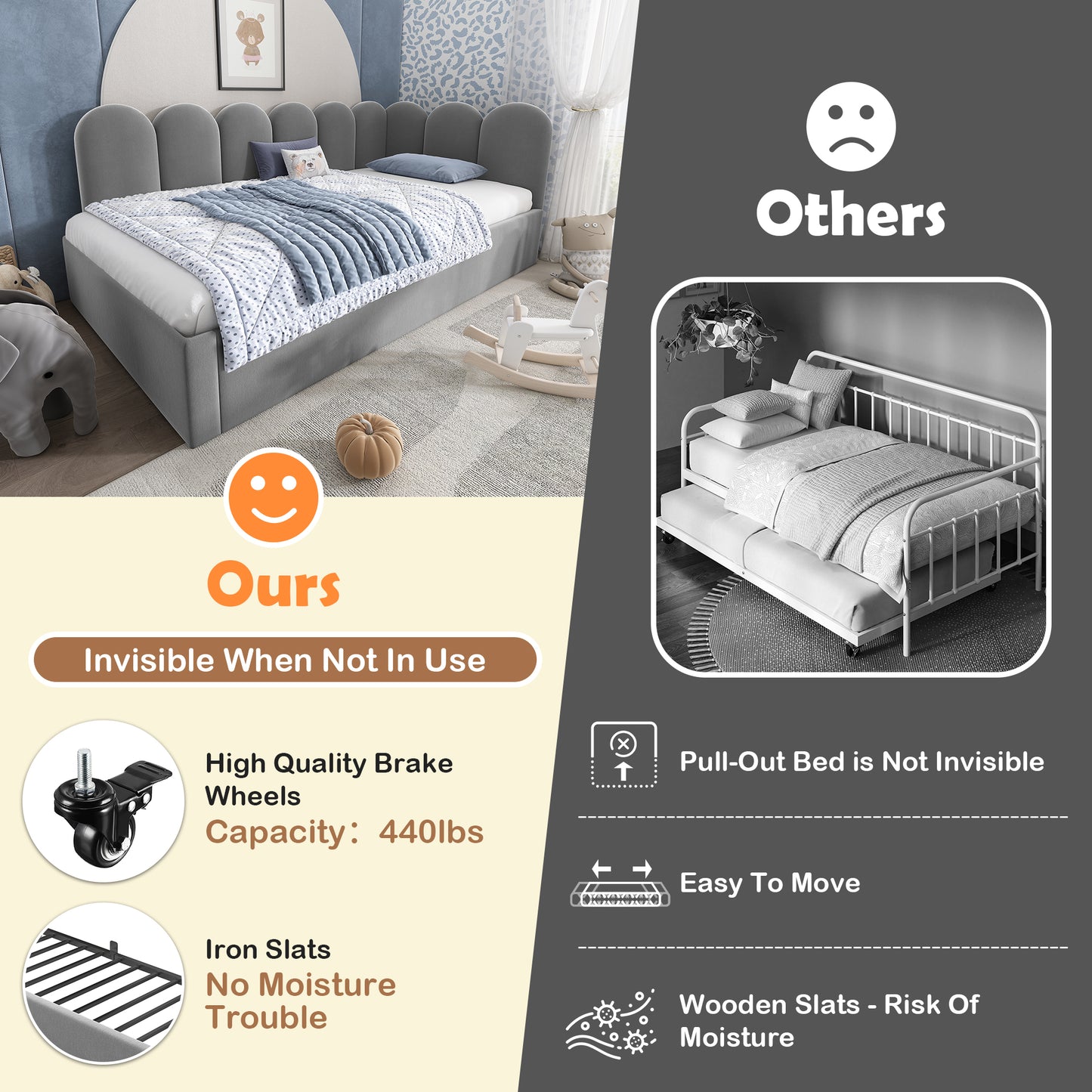 Grey upholstered HOMCOM bed daybed with pull-out bed, velvet fabric, slatted frame, suitable for adults and children, 90x190 cm.