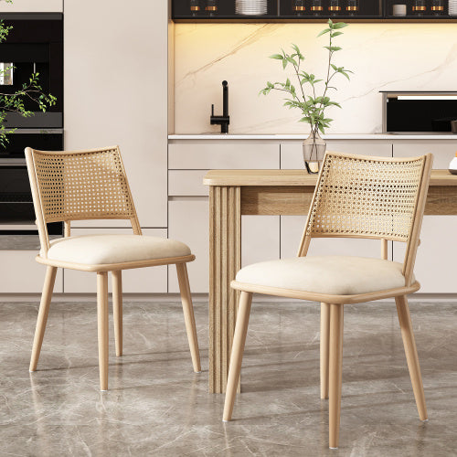 Set of 2 Retro Bamboo Kitchen Chairs with PU Seat & Rattan Backrest – Beige